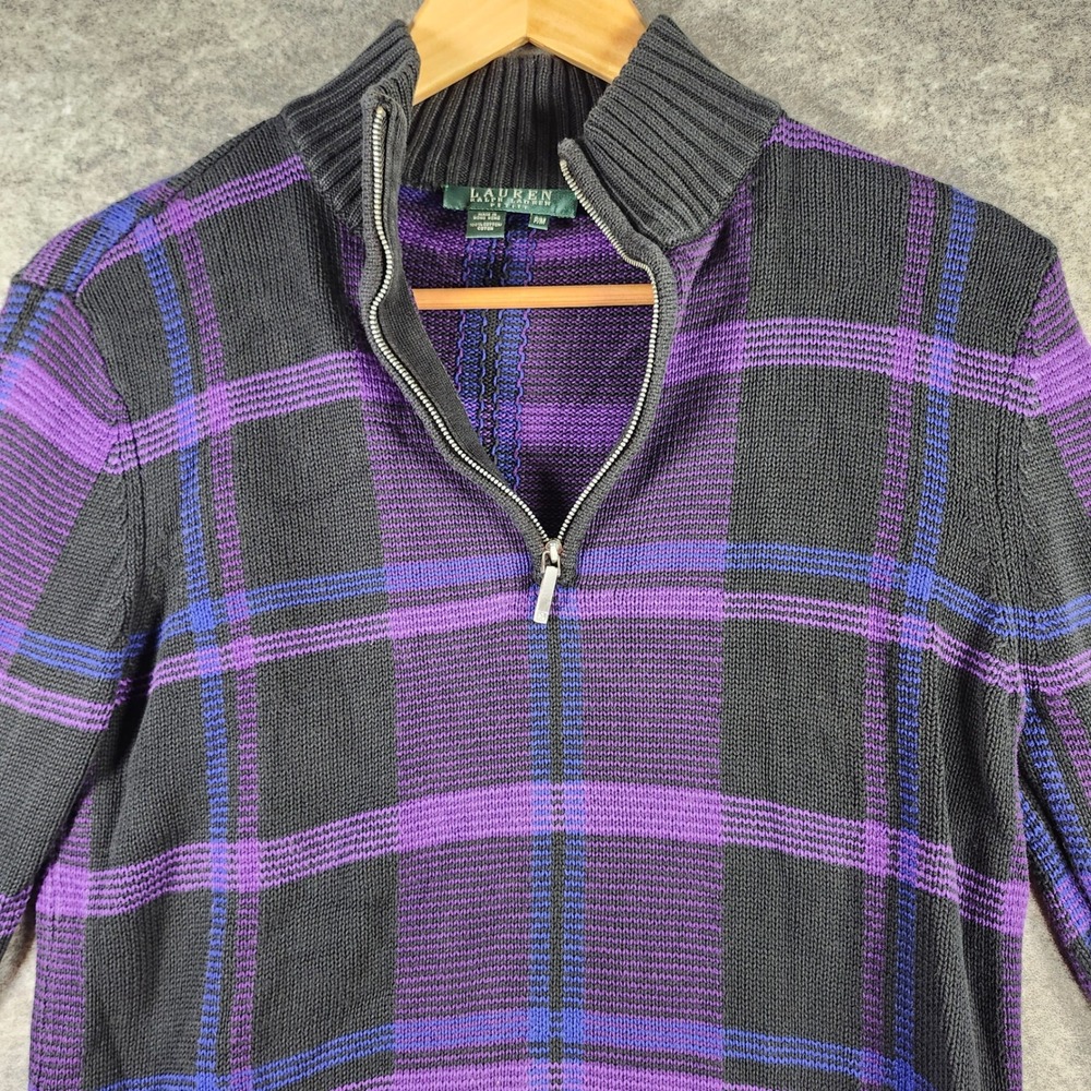 Lauren Ralph Lauren Women P/M Purple Black Plaid Quarter Zip Cotton Sweater - Picture 7 of 12